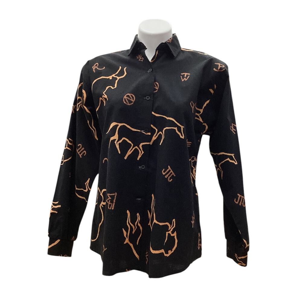 Vintage Roper Women’s Top Size M Button Down Cotton Bull Motif Black And Orange
